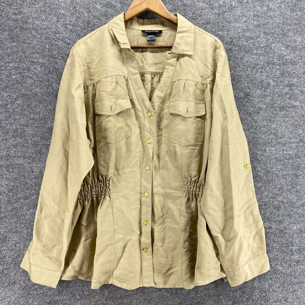 Ashley Stewart Shirt Women 18 Plus Beige Button Up Elastic Waist Collared Rayon